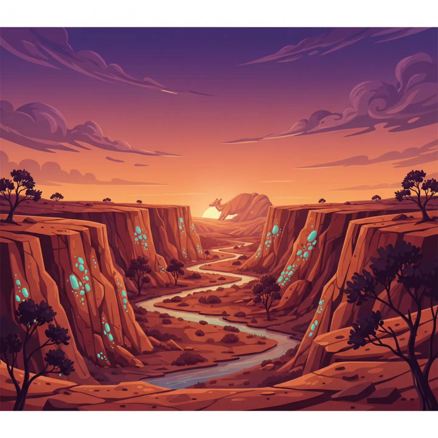 Australian Outback canyon at twilight with glowing opals